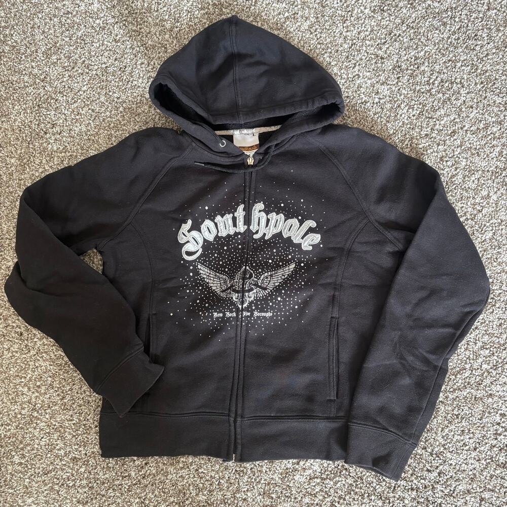 Southpole Womens Med/Lg Black Zip Hoodie Rhinestone Embroidered Y2K Streetwear